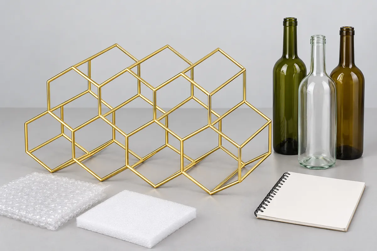 Wine rack bottle assortment and packaging samples for an OEM buyer brief