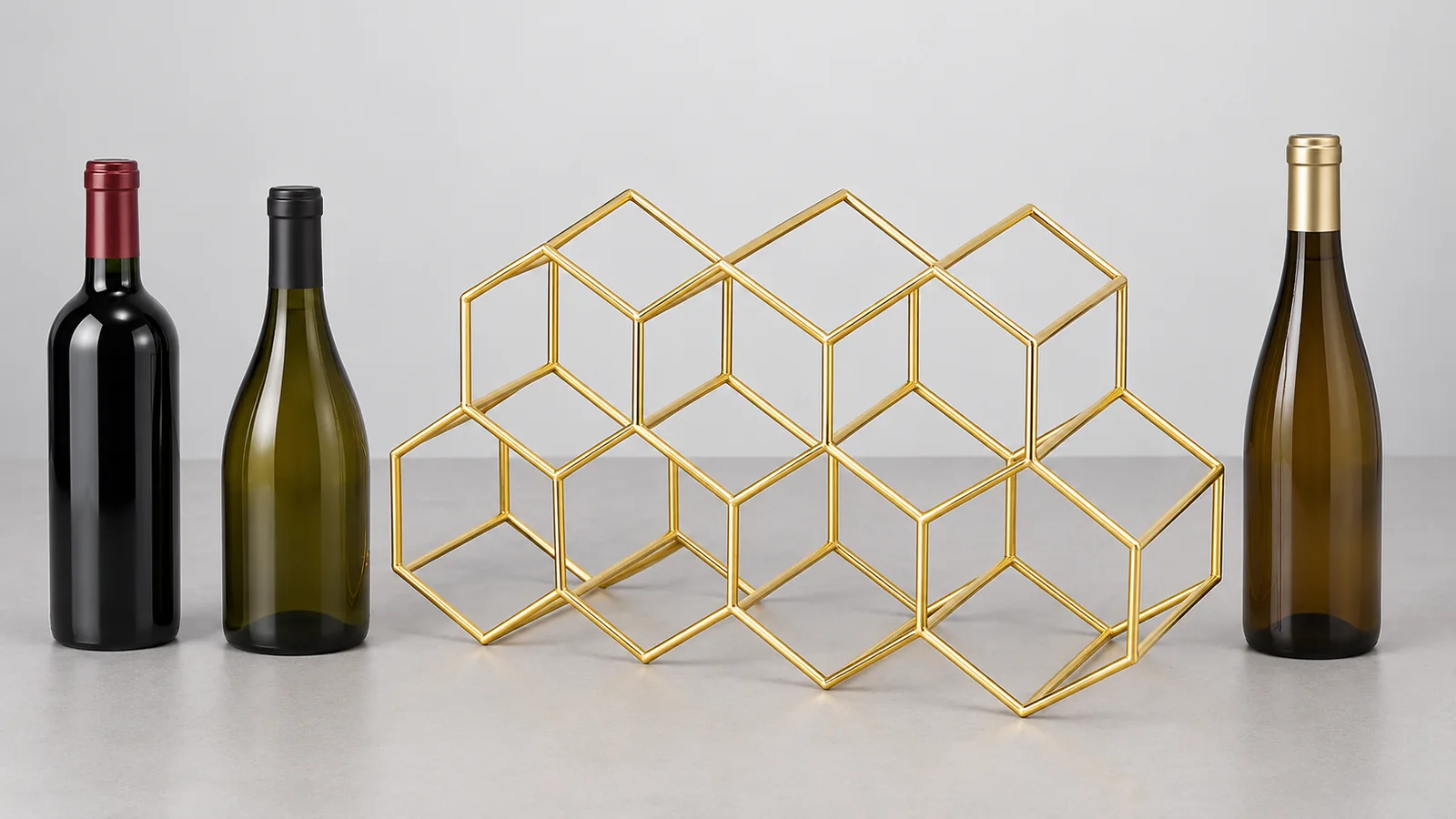 Seven-cell metal wine rack with unlabelled bottle samples for OEM spacing review