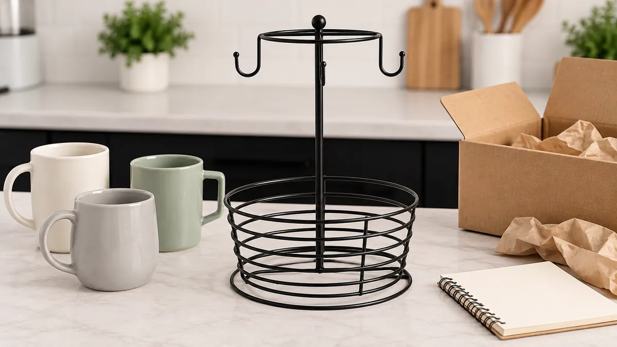 Wire cup holder with mug assortment and packaging for an OEM buyer checklist