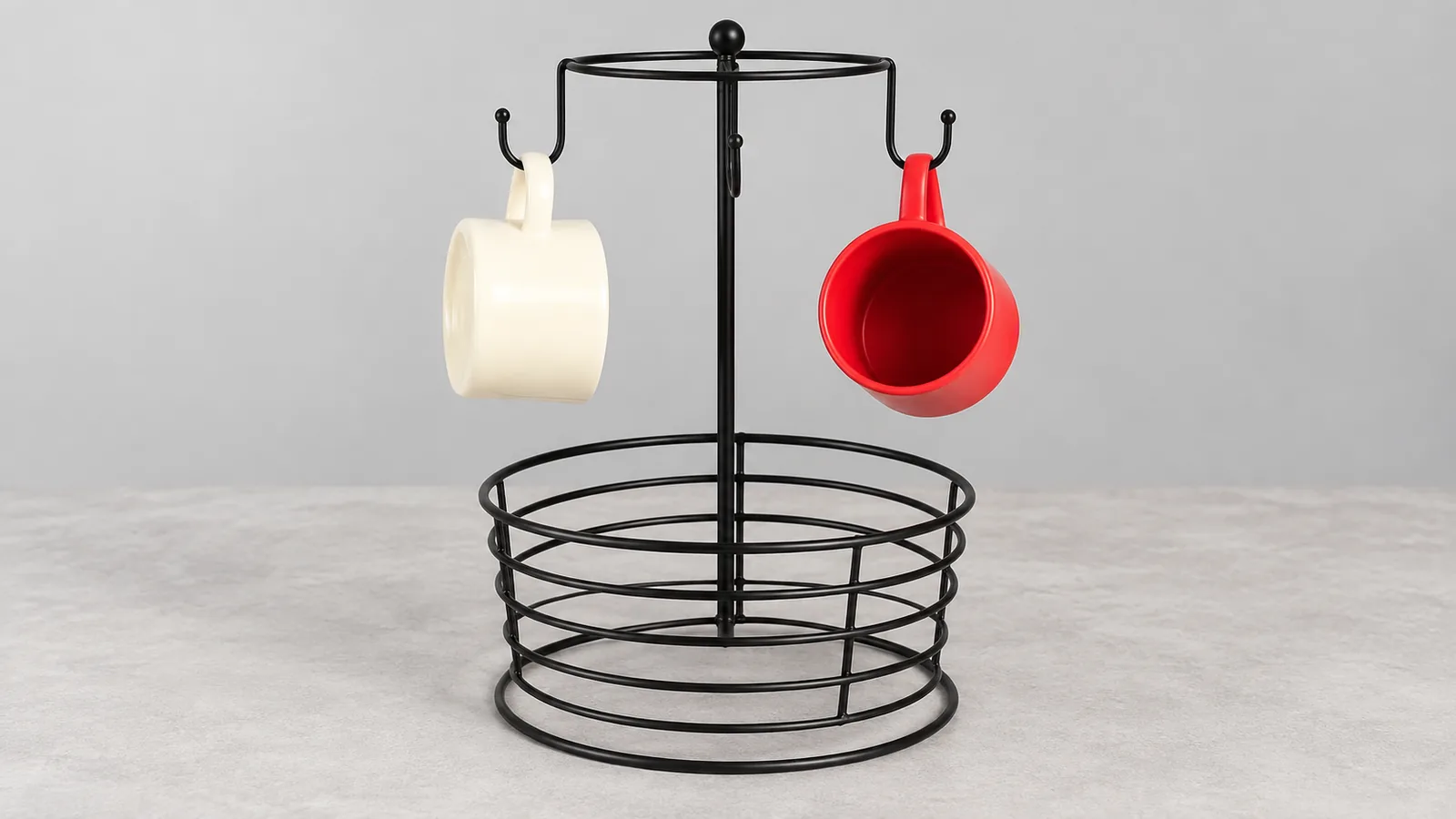 Freestanding wire cup holder with two plain mugs for handle-clearance review