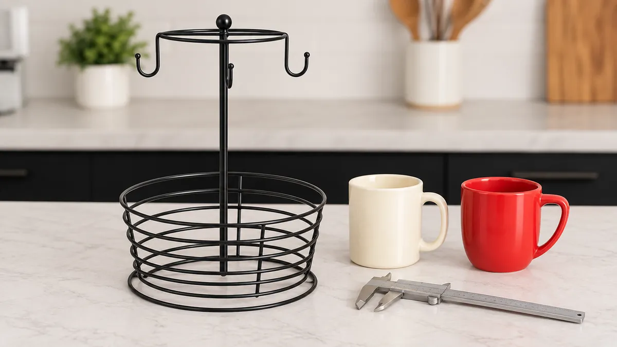 Empty wire cup holder and separate mug samples for hook-entry and handle-fit review