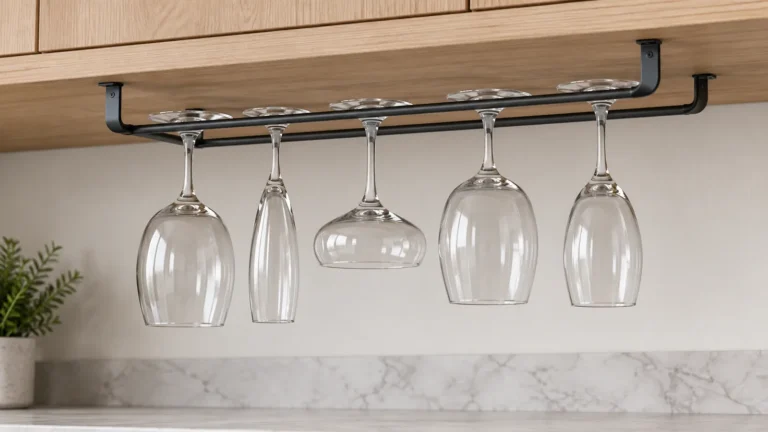 Conceptual under-cabinet stemware holder prototype with two parallel rails supporting glass feet