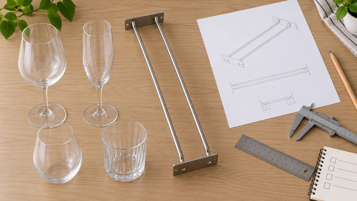 Buyer fit-check layout for glass-foot diameter, bowl clearance and under-cabinet holder dimensions