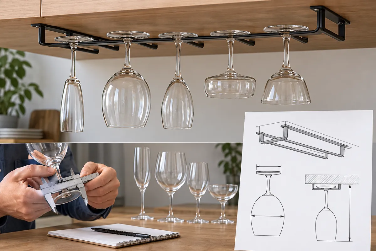 Sample review comparing glass foot and bowl profiles with a conceptual two-rail holder drawing