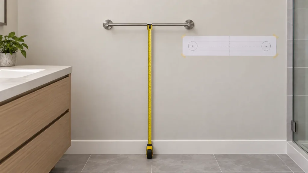 Conceptual towel-rack installation planning with finished-floor datum and bar-center reference
