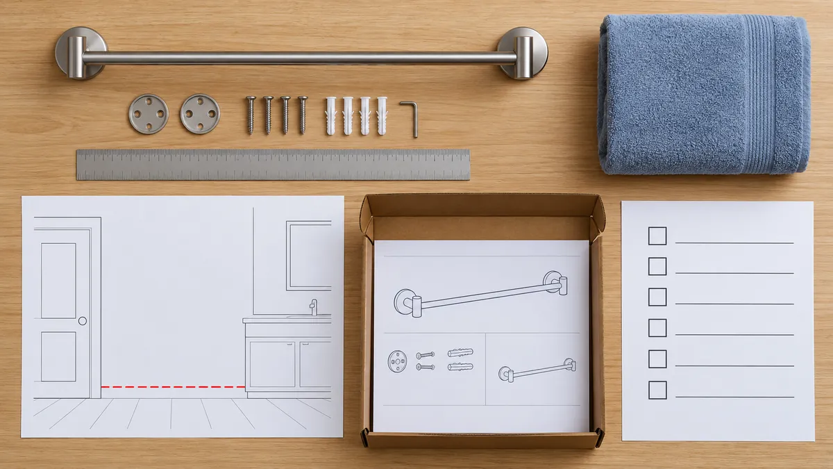 Buyer checklist layout for towel-rack datum, user context, towel clearance and instruction control