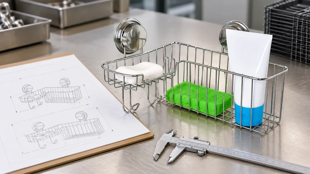 Chrome bathroom wire basket beside a drawing and measuring tool for a first article review.