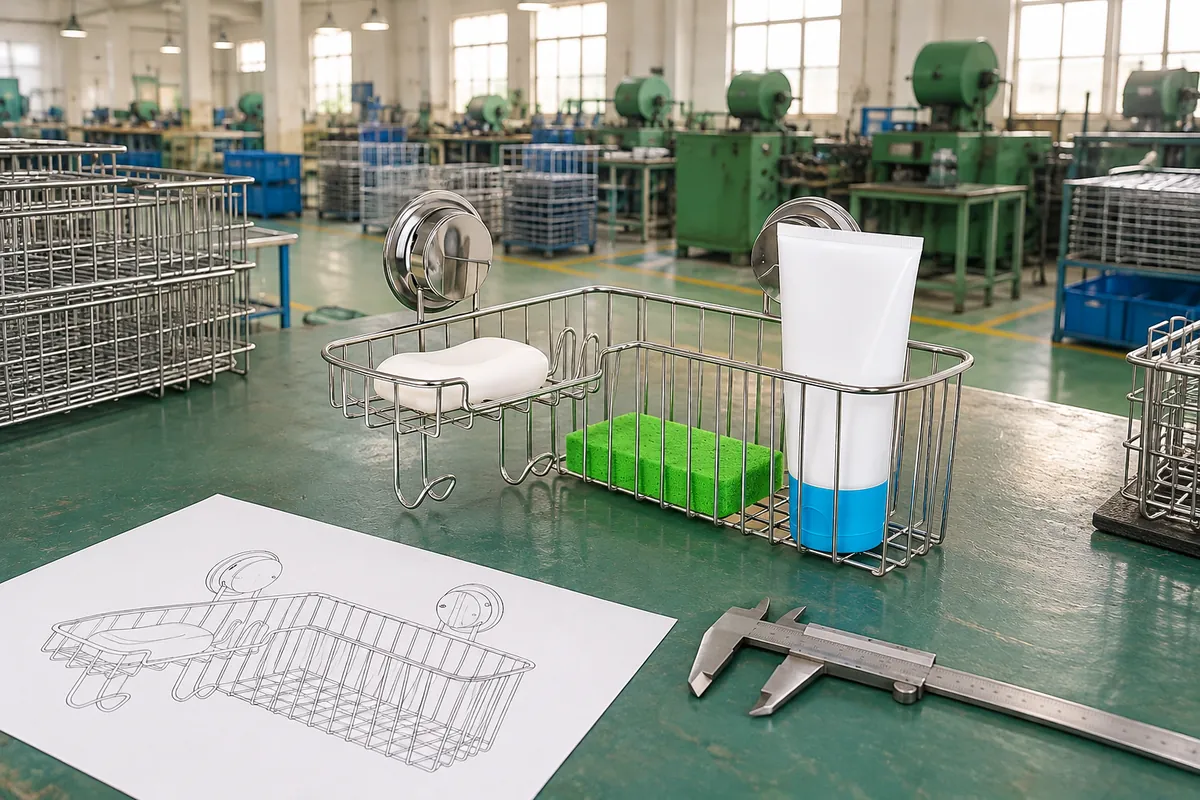 Production-intent bathroom wire basket checked against its drawing at a workshop bench.