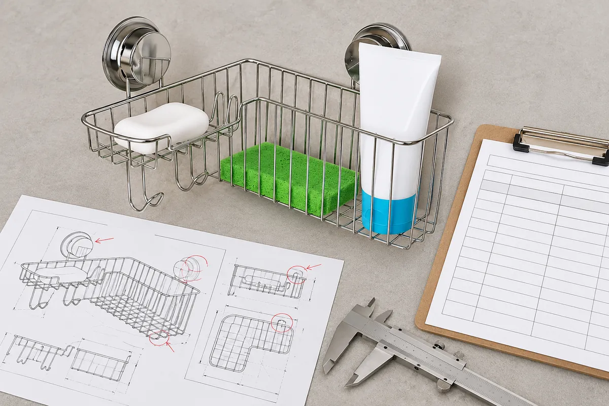 Buyer review materials for confirming drawing revision, fit, finish and deviations on a bathroom hardware first article.