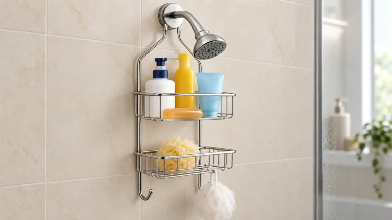 Two-tier chrome shower caddy supported by twin wires around a curved shower arm beside a joint-selection drawing.