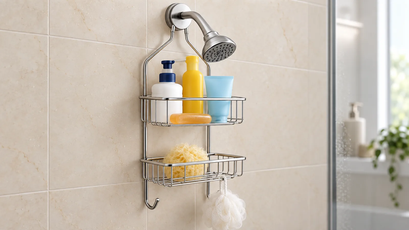 Two-tier chrome shower caddy supported by twin wires around a curved shower arm beside a joint-selection drawing.