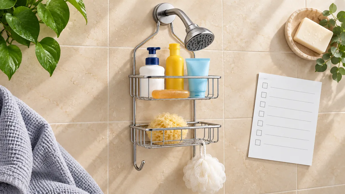 Buyer process-selection review items beside a twin-support under-showerhead wire caddy.