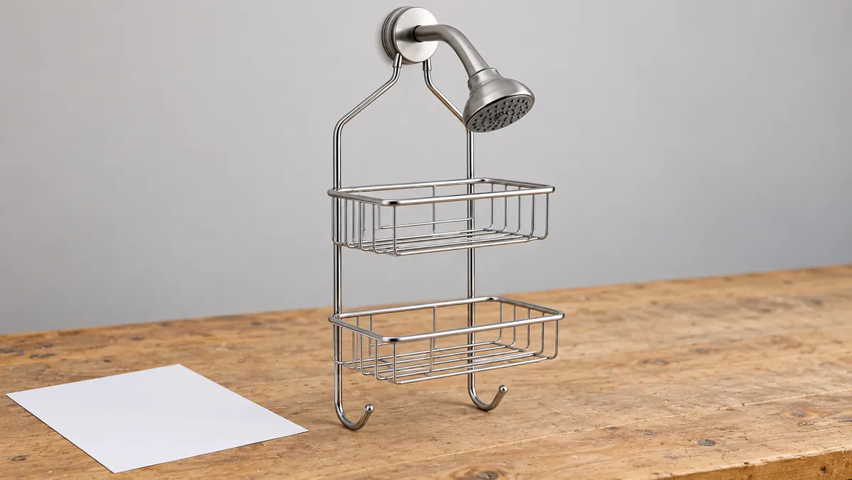 Under-showerhead chrome basket with twin side supports beside unmarked joint sketches for process review.