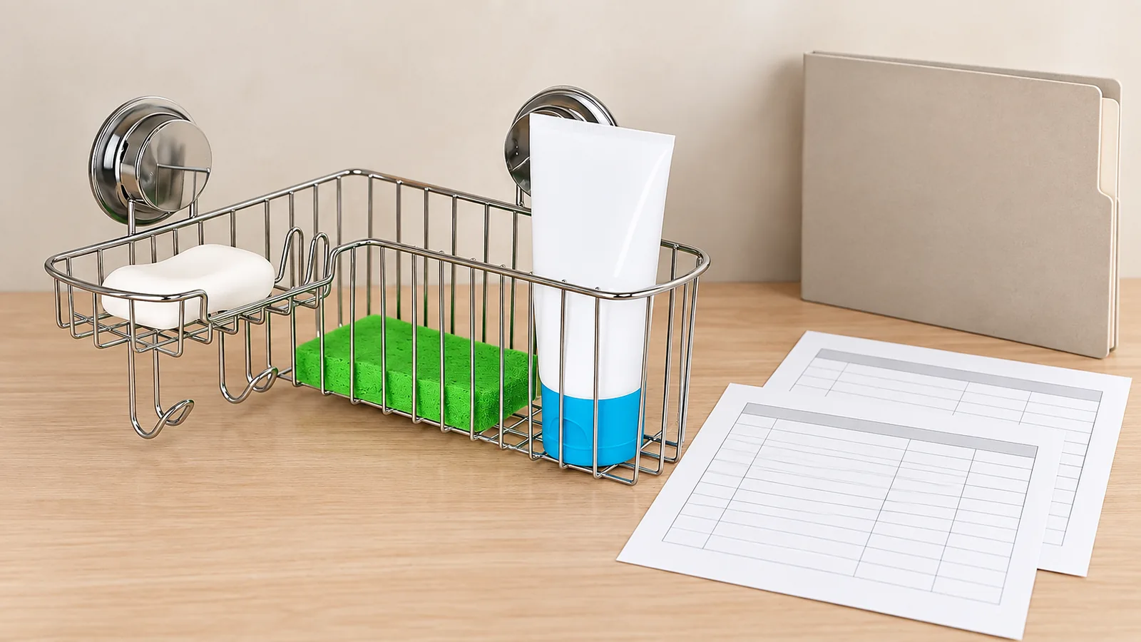 Bathroom wire basket sample and neutral action records arranged for supplier quality review.