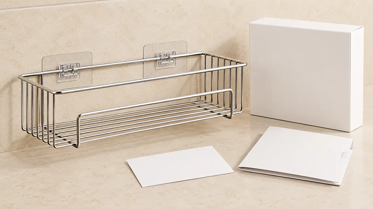 Adhesive-mounted chrome basket and project-specific mounting review records.