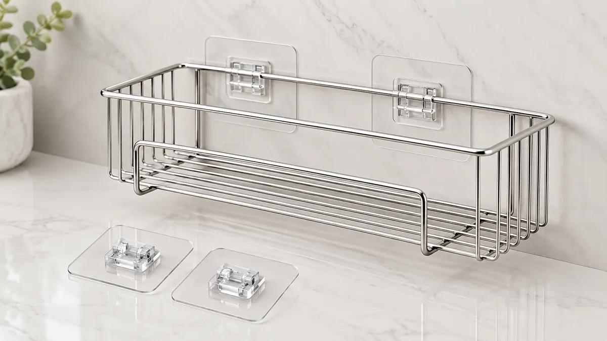 Adhesive-mounted chrome basket and project-specific mounting review records.