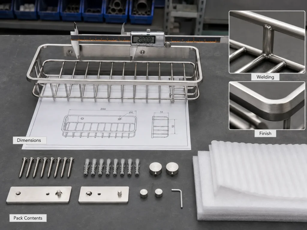 Custom shower caddy sample dimensions finish and packaging inspection