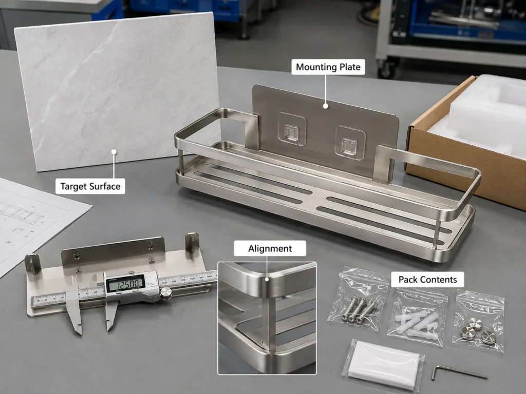 No-drill bathroom accessory mounting sample and packaging inspection