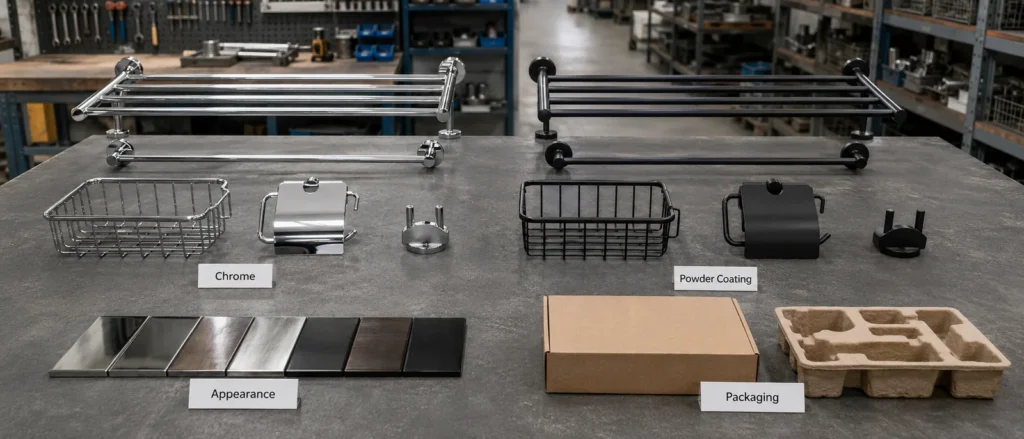 Chrome and powder-coated bathroom hardware finish samples compared for sourcing