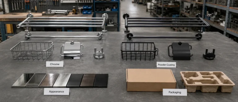 Chrome and powder-coated bathroom hardware finish samples compared for sourcing
