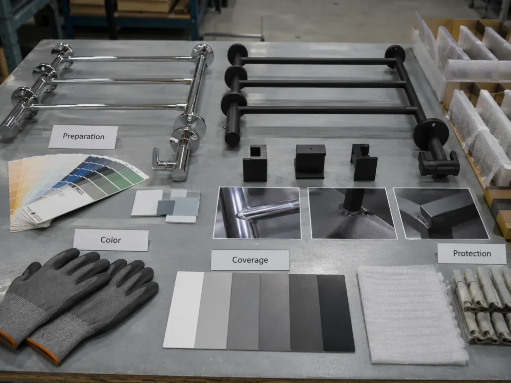 Chrome and powder-coated bathroom hardware finish sample inspection