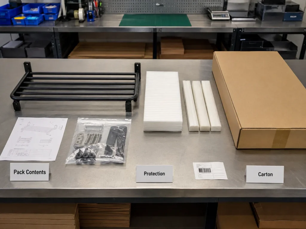 Flat-pack bathroom rack packaging and component inspection for e-commerce