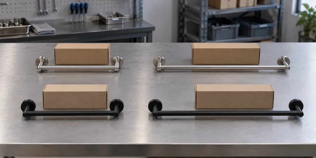 Towel bar size and finish variations arranged for minimum order quantity planning