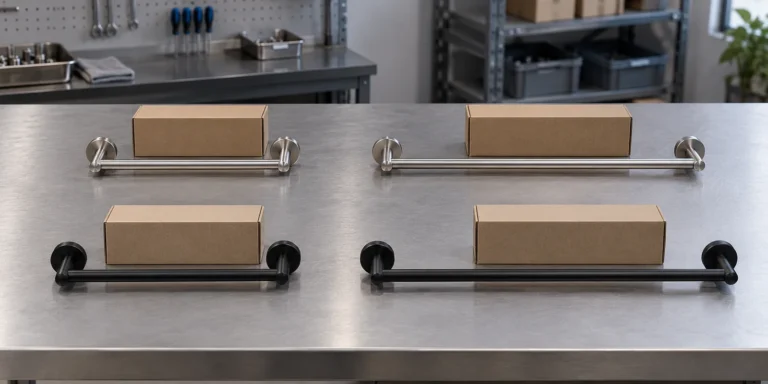 Towel bar size and finish variations arranged for minimum order quantity planning