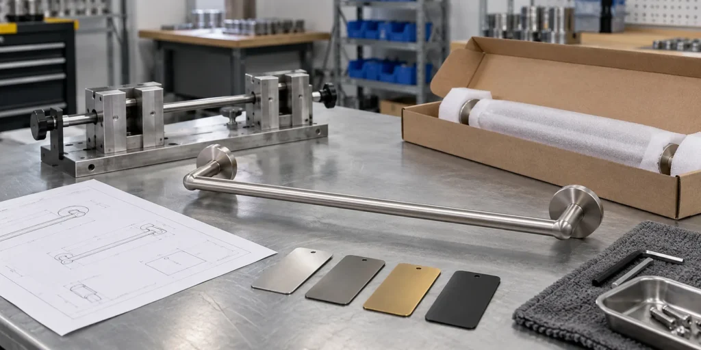 Towel bar sample, locating jig and packaging reviewed before small-batch OEM production