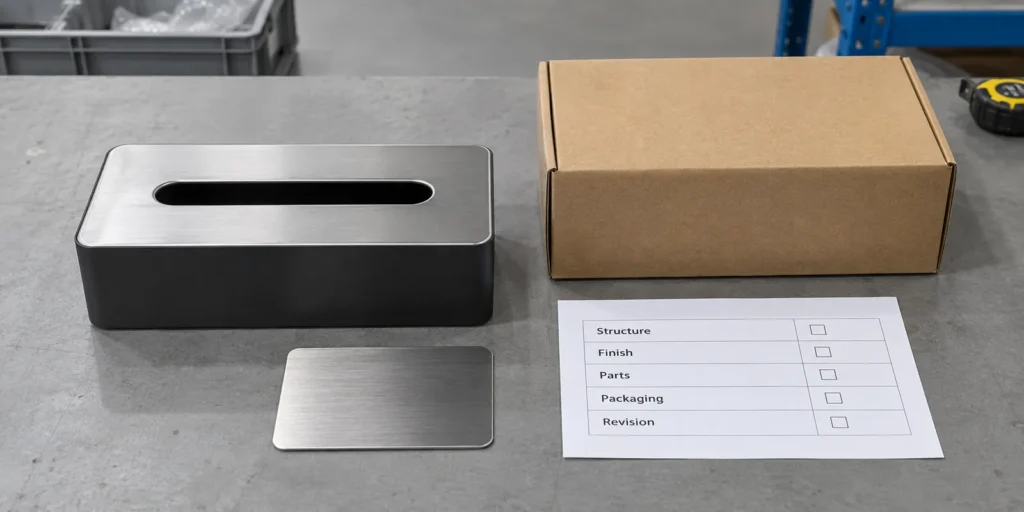 Buyer sample approval checklist with tissue holder, finish swatch and protective carton