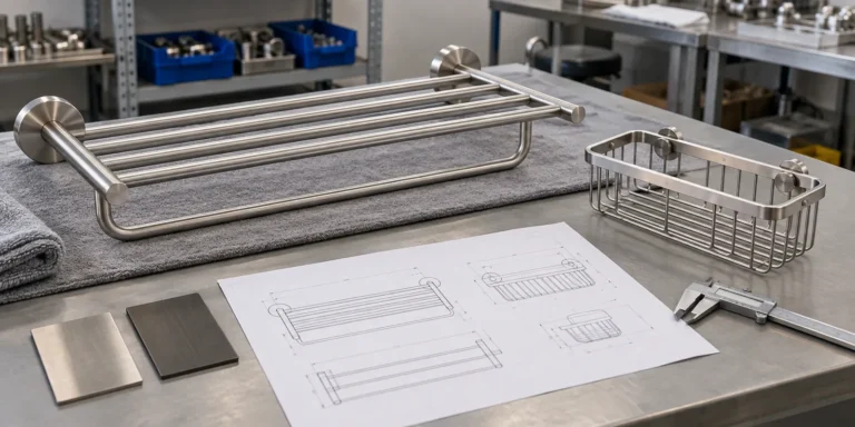 Bathroom hardware samples with a dimension drawing and finish swatches for buyer review