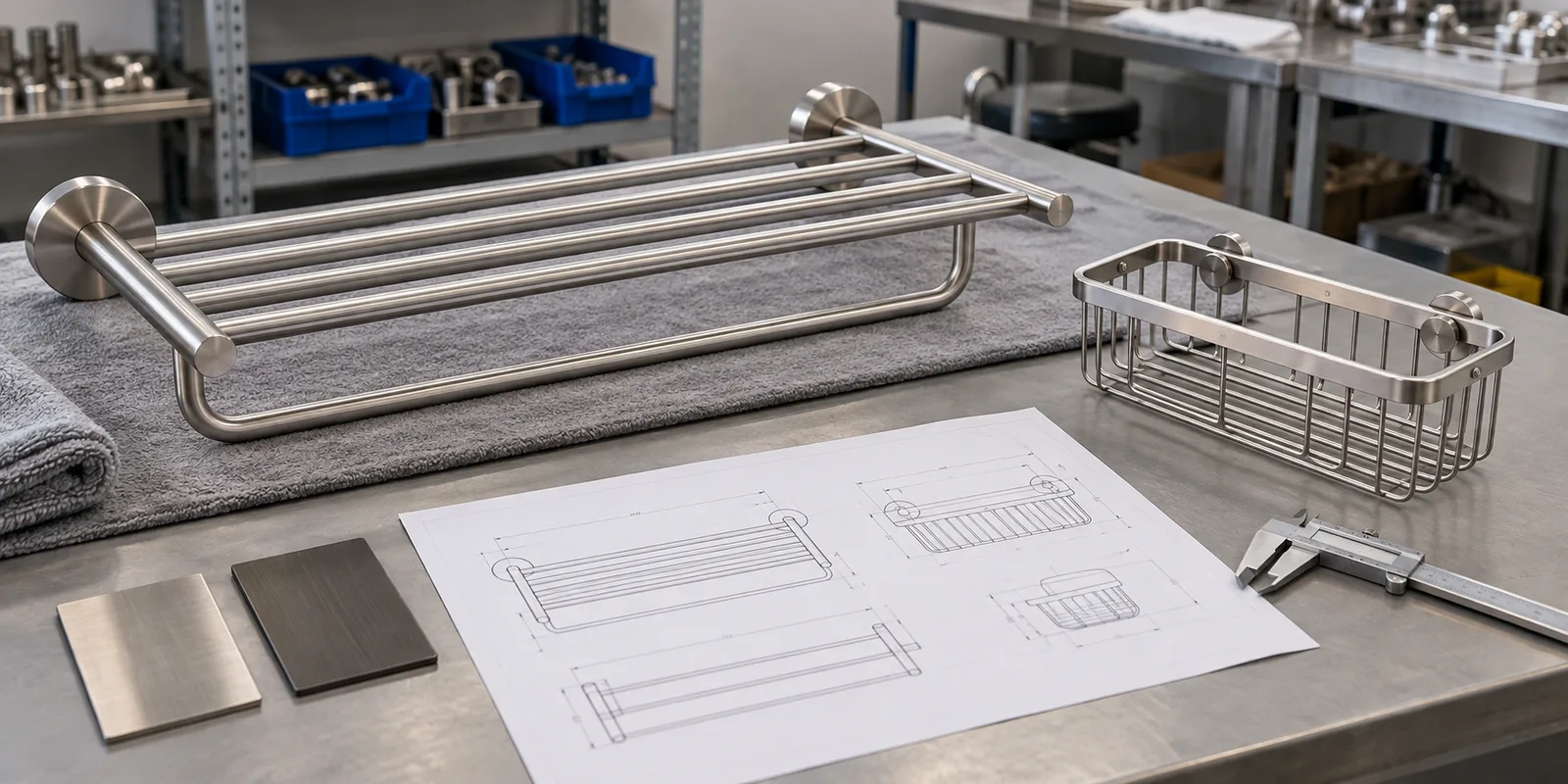 Bathroom hardware samples with a dimension drawing and finish swatches for buyer review
