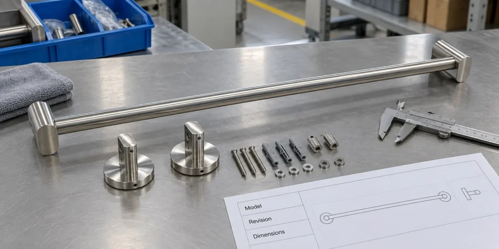 Towel bar sample and mounting brackets prepared for dimensional and revision review