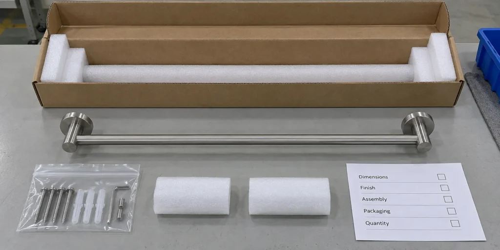 Pre-shipment checklist with towel bar, accessory pack and protective carton insert
