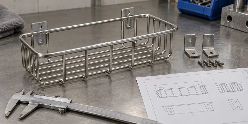 Shower basket mounting brackets and welded connections prepared for production inspection