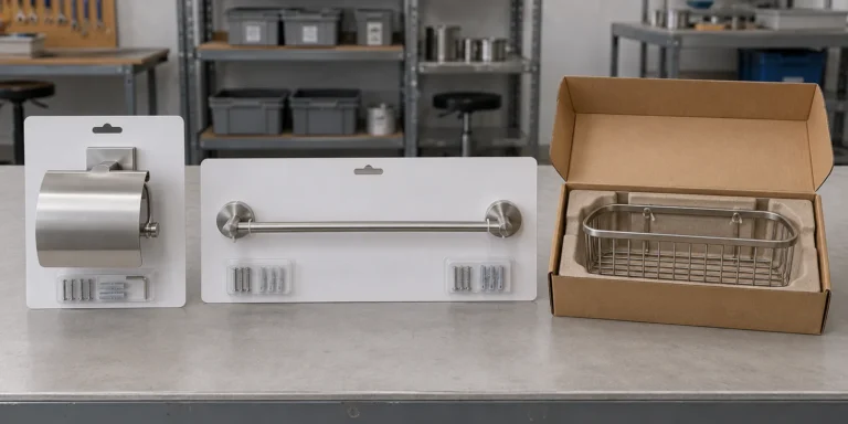 Backing card, hang card and carton options for bathroom hardware retail display