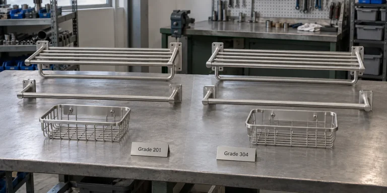 201 and 304 stainless steel bathroom accessories compared on an inspection table
