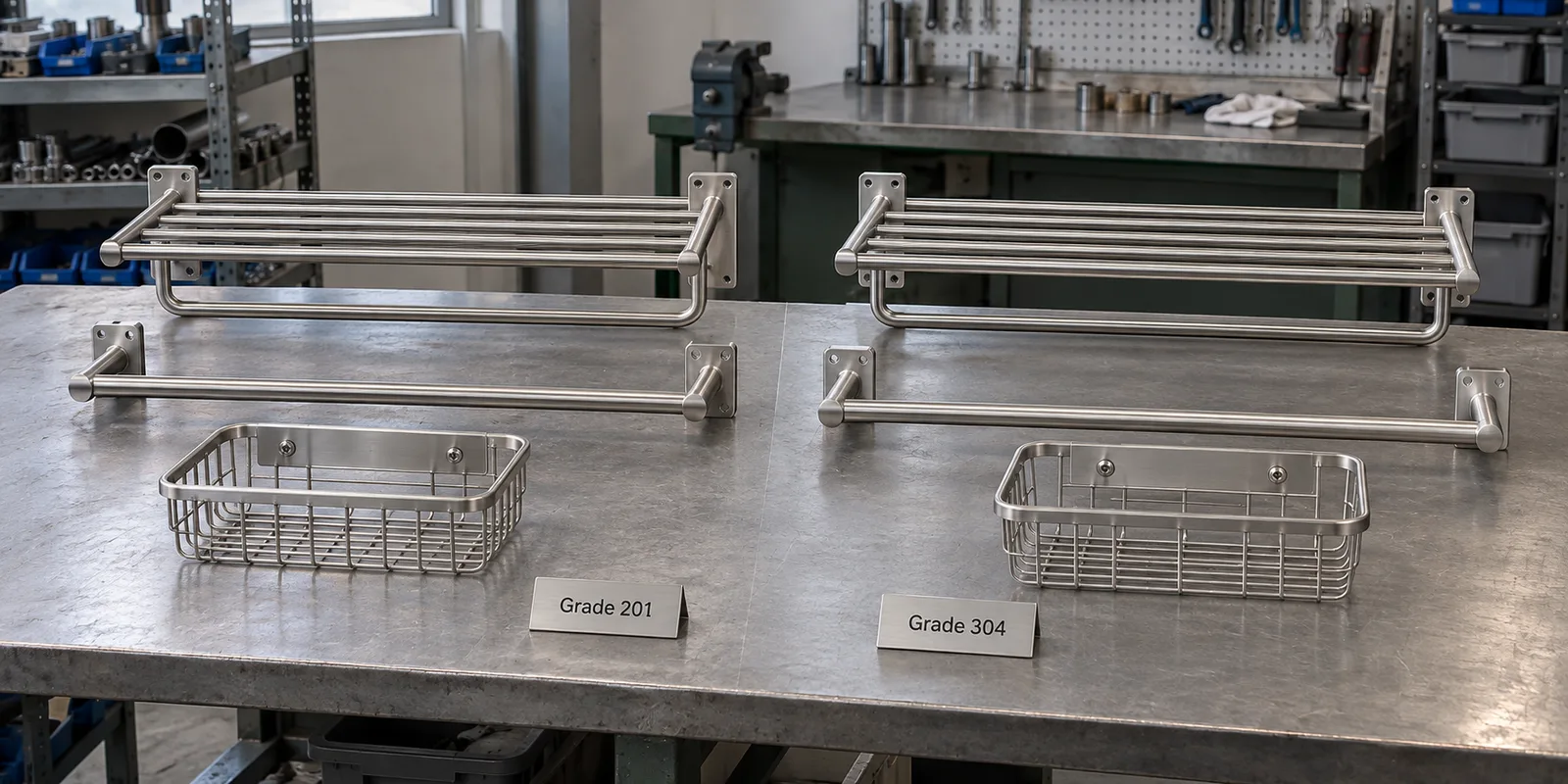 201 and 304 stainless steel bathroom accessories compared on an inspection table