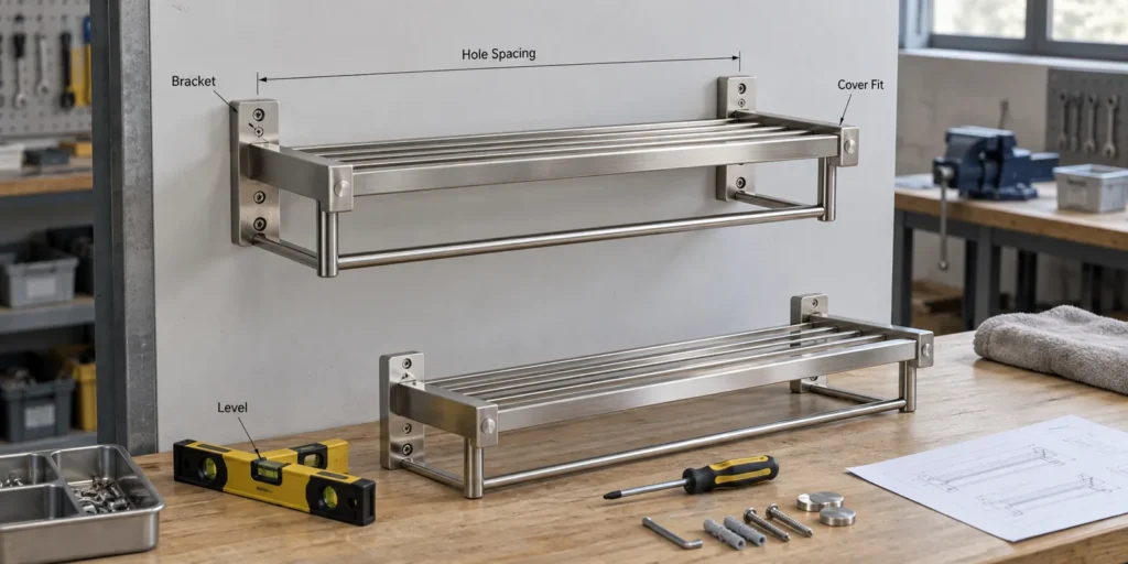 Wall-mounted bathroom shelf bracket alignment and installation sample review