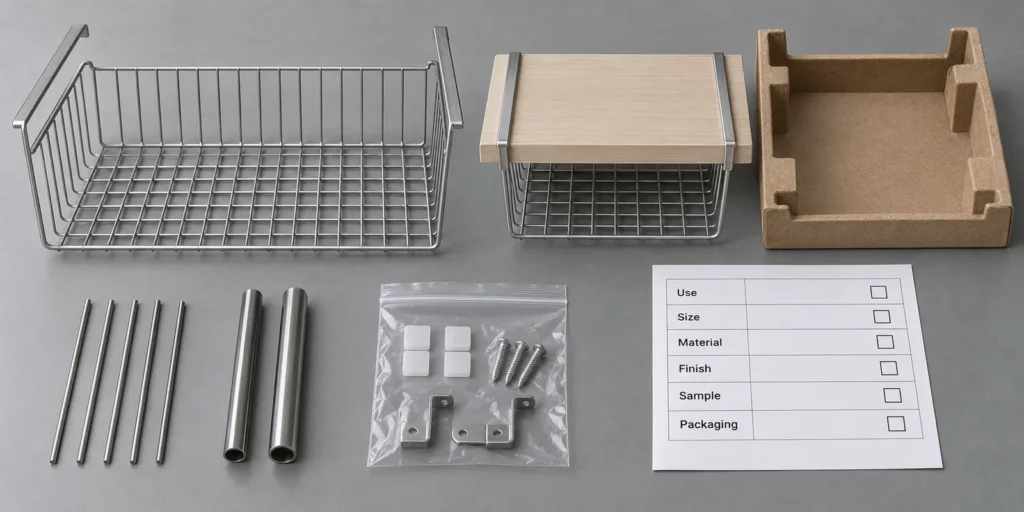 Kitchen storage rack buyer checklist with material and packaging samples