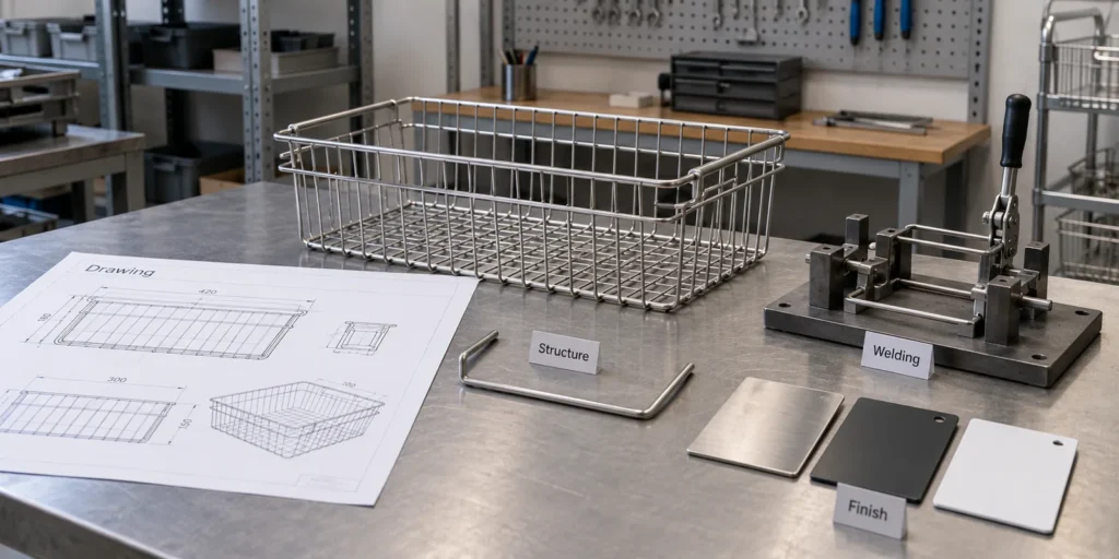 Kitchen wire basket drawing, welding and finish sample review