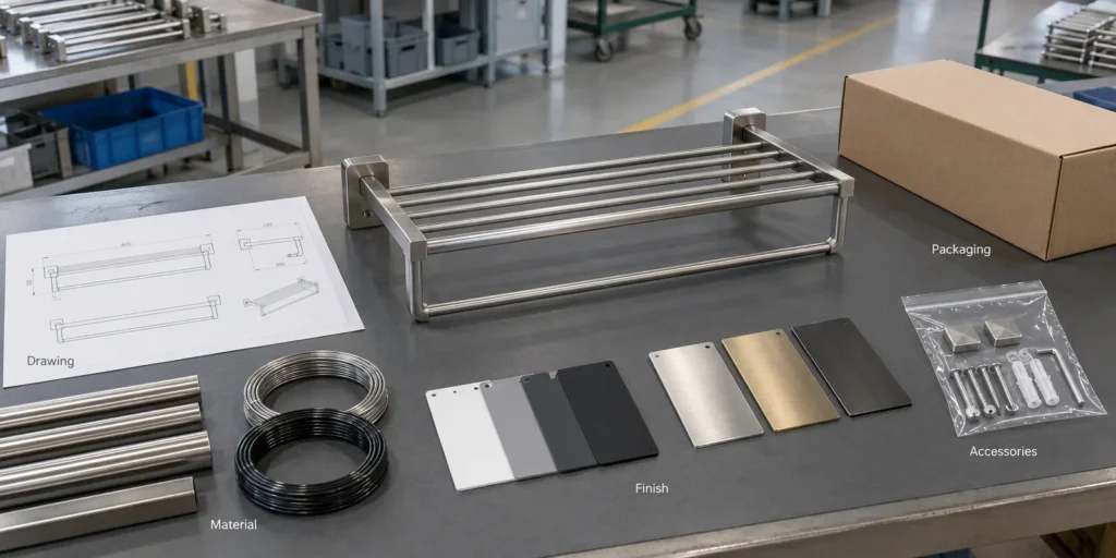 Custom bathroom hardware quotation preparation with sample and material details