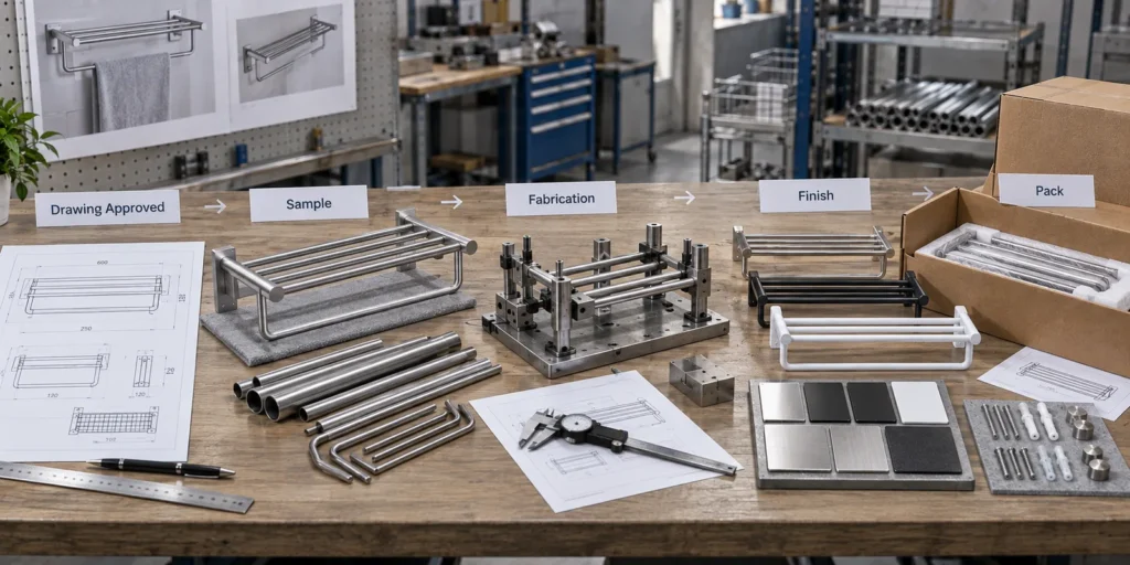 Custom towel rack sample and bulk production milestone review