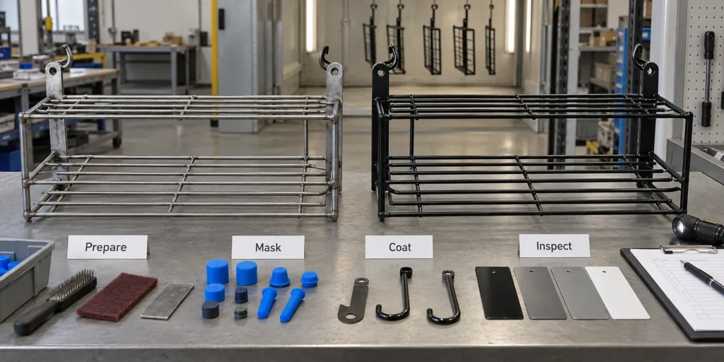 Metal rack preparation and powder coating sample review