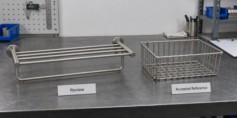 Bathroom hardware weld joints reviewed on towel rack and wire basket samples
