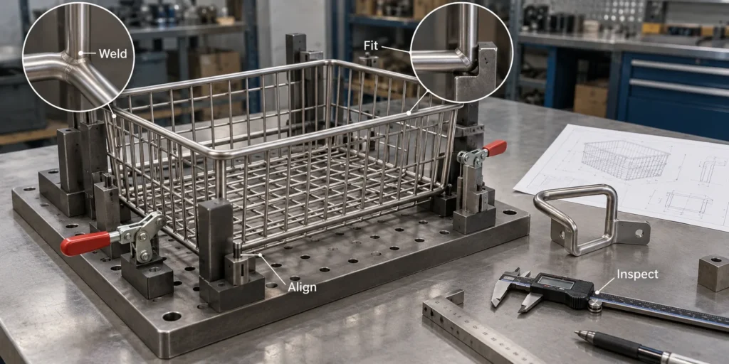 Wire basket welding fixture and bathroom rack joint inspection