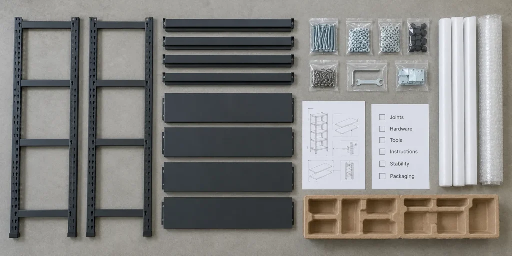 KD bathroom storage rack buyer checklist with hardware and packaging