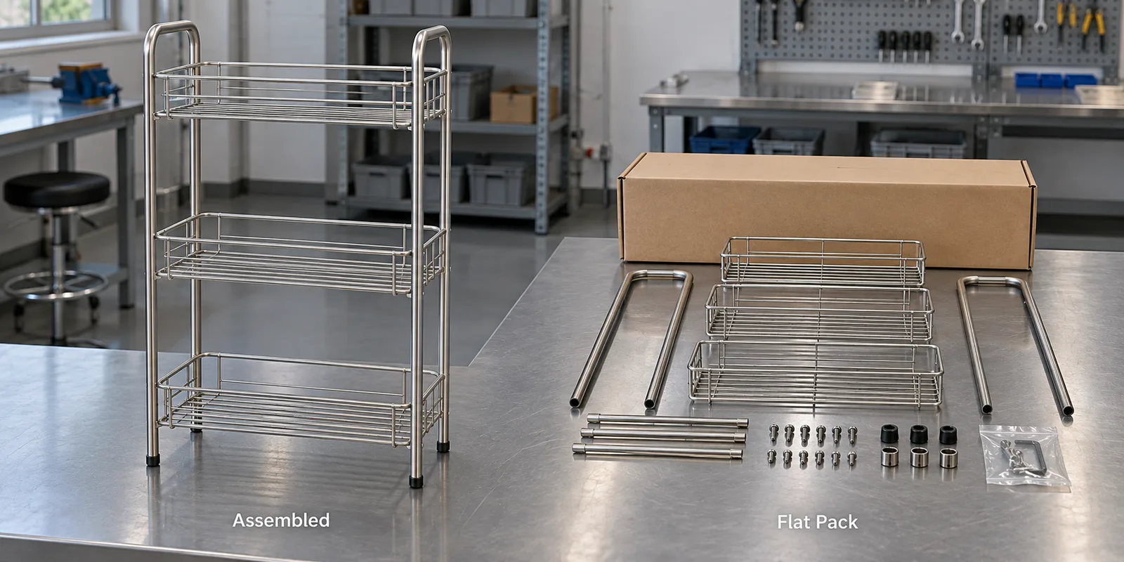 KD bathroom storage rack compared in assembled and flat-pack form