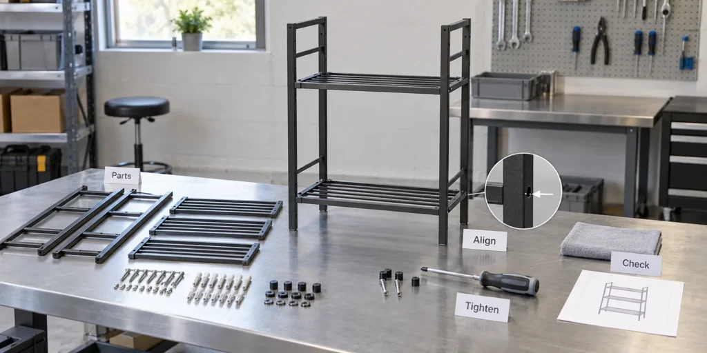 Knock-down bathroom rack sample assembly and joint review