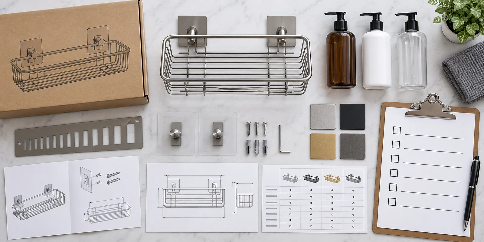 Shower caddy drainage design buyer checklist with sample and material references